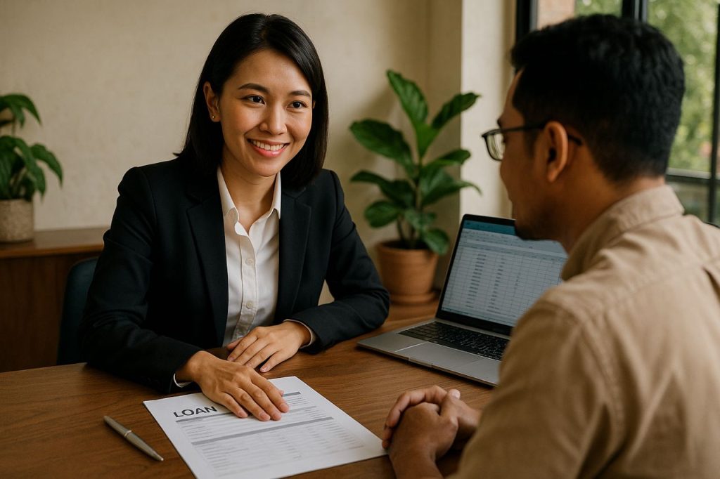 A professional Malaysian loan consultant warmly advises a young client at a polished desk, surrounded by financial documents and a laptop, in a modern, sunlit office with green plants and cream walls. The scene conveys trust, comfort, and expertise.