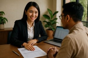 A professional Malaysian loan consultant warmly advises a young client at a polished desk, surrounded by financial documents and a laptop, in a modern, sunlit office with green plants and cream walls. The scene conveys trust, comfort, and expertise.