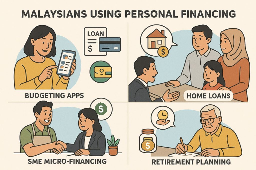 Infographic depicting Malaysians using personal financing tools: a woman with budgeting apps, family consulting on home loans, entrepreneur receiving SME micro-financing, and an elderly person planning retirement, with icons for loans, credit cards, and savings platforms.