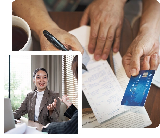 Consultant reviewing bills and receipts for debt management